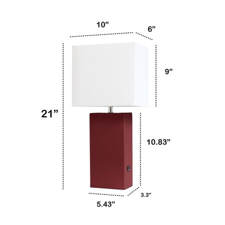 Lalia Home 21 Leather Base Table Lamp with USB Charging Port , White Rectangular Shade, Red LHT-3012-RE